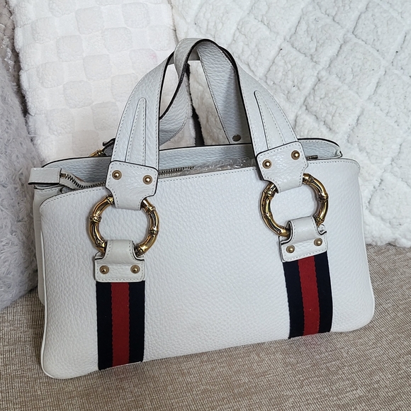 Gucci White Satchel Sherry Web Bamboo Style Leather..W/COA.. - Picture 1 of 16
